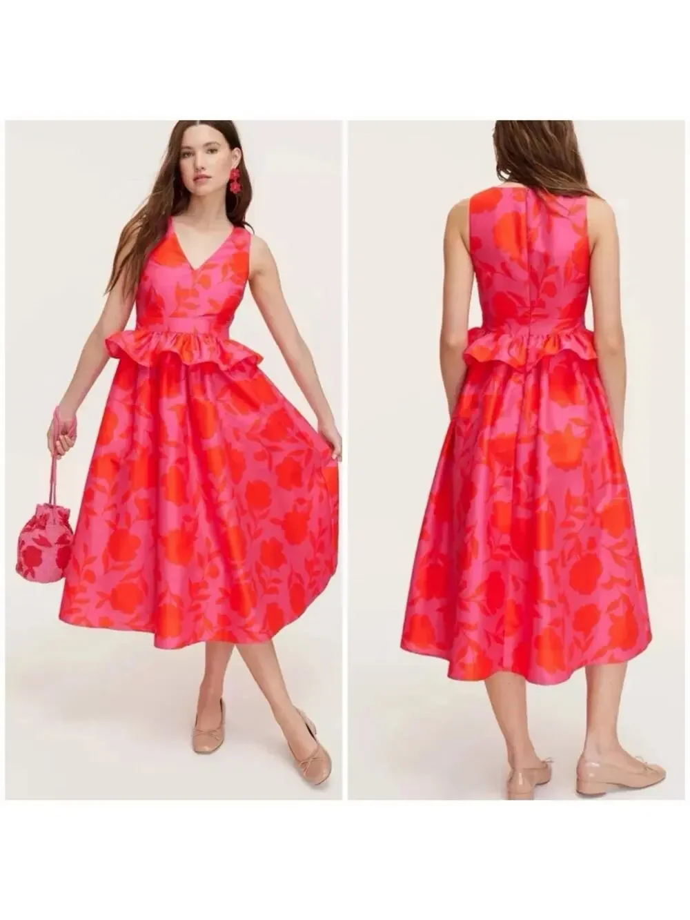 Kate Spade New York NWT Floral Jacquard Midi Dress 17 Pink Red Ruffle Waist - Picture 1 of 10